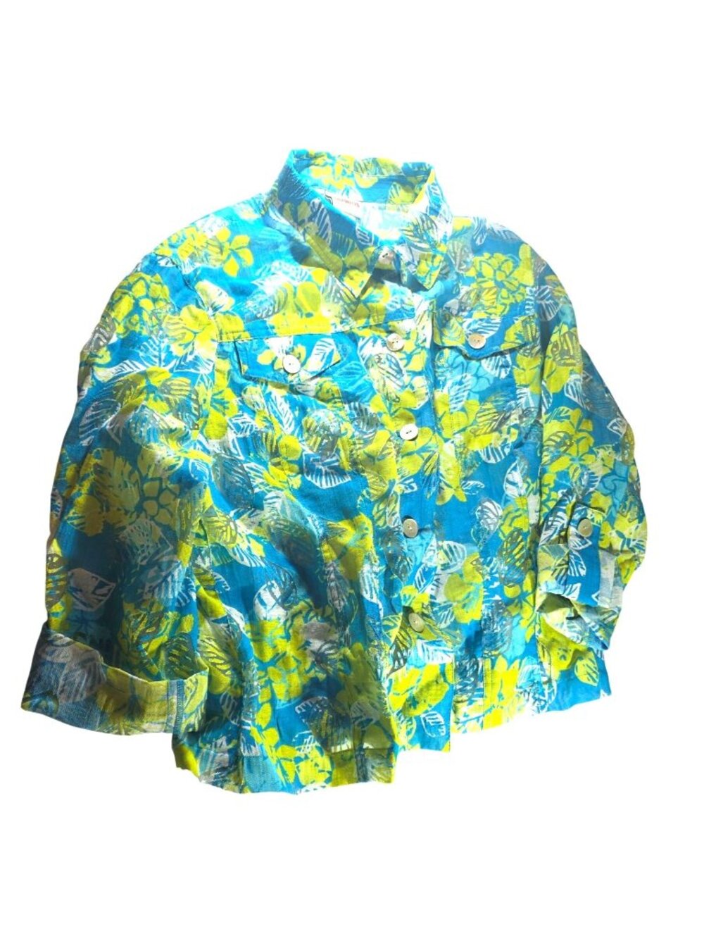 Tropical Print Button Up shirt blouse Ruby Rd.  Sz 14 Blue Green vacation floral